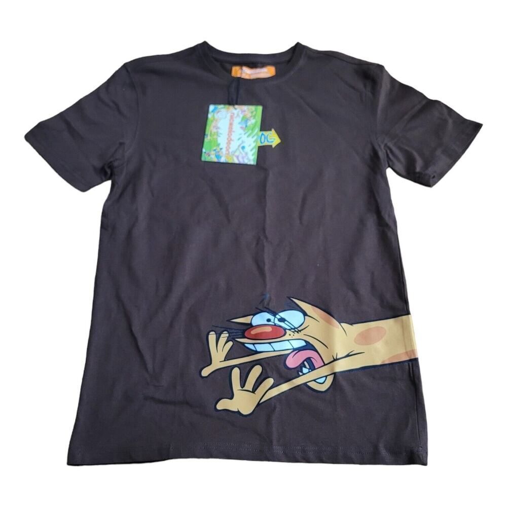 Nickelodeon Retro Cat Dog 90s Cartoon Brown Tshirt Velvet Wrap Around Print SZ S